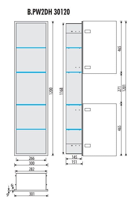 Szafka łazienkowa pod zabudowę 30x120x15,1 cm ze szklanymi drzwiami i półkami kołnierz typu Bend MCJ stal nierdzewna szczotkowana B.PW2DH 30120