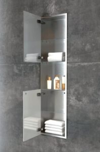 Szafka łazienkowa pod zabudowę 30x120x15,1 cm ze szklanymi drzwiami i półkami kołnierz typu Bend MCJ stal nierdzewna szczotkowana B.PW2DH 30120