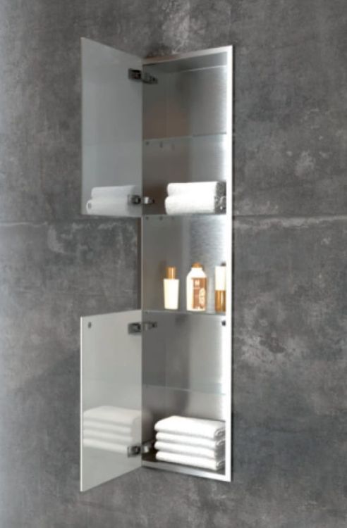 Szafka łazienkowa pod zabudowę 30x120x15,1 cm ze szklanymi drzwiami i półkami kołnierz typu Bend MCJ stal nierdzewna szczotkowana B.PW2DH 30120