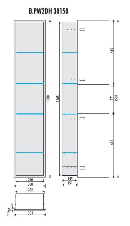 Szafka łazienkowa pod zabudowę 30x150x15,1 cm ze szklanymi drzwiami i półkami kołnierz typu Bend MCJ stal nierdzewna szczotkowana B.PW2DH 30150