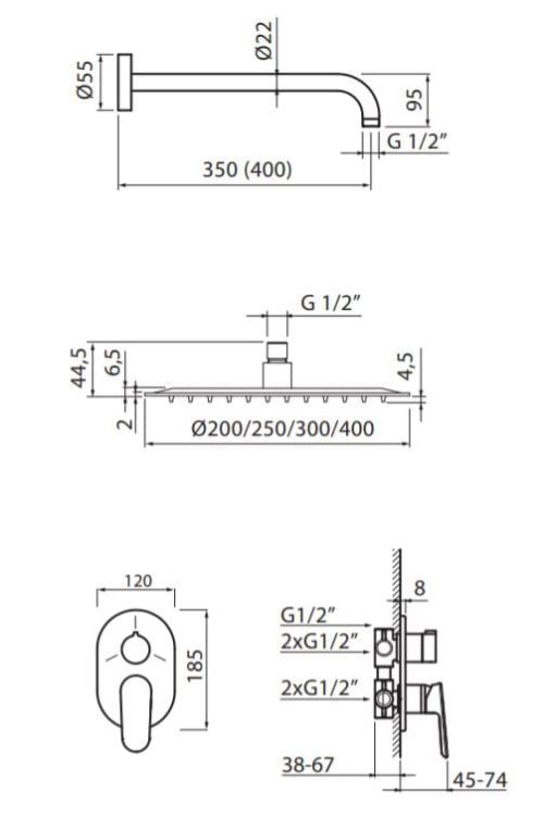 Zestaw natryskowy podtynkowy z deszczownicą i wylewką Vedo Otto rysunek techniczny.JPG