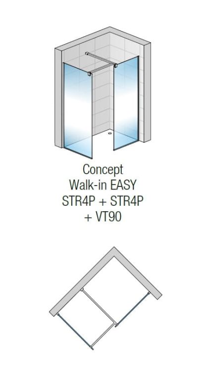 Kabina prysznicowa walk-in z połączenia dwóch ścianek i elementu łączącego STR4P+STR4P+VT90 shade