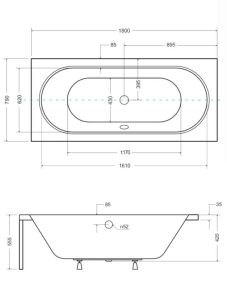 Wanna Prostokątna Vitae 180x80 cm rysunek techniczny.