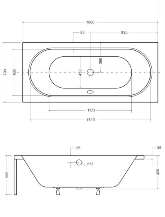 Wanna Prostokątna Vitae 180x80 cm rysunek techniczny.