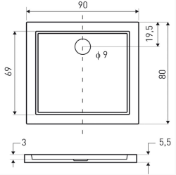 Brodzik prostokątny, płaski Kerra Oskar 90x80x5,5 cm, posadzkowy rys.tech.