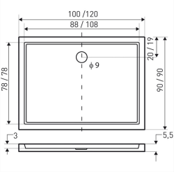 Brodzik prostokątny, płaski Kerra Oskar 100x90x5,5 cm, posadzkowy rys.tech.