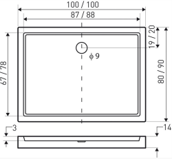 Brodzik prostokątny, Kerra Victor 100x90x14cm, uniwersalny  rys.tech.