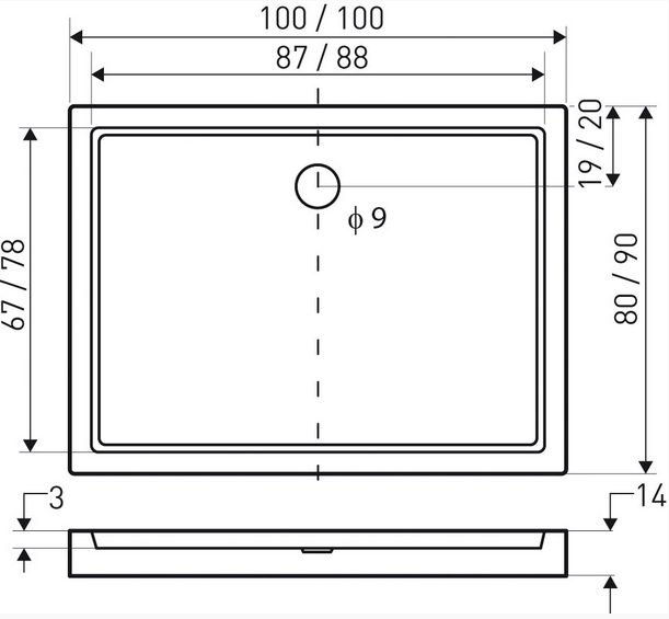 Brodzik prostokątny, Kerra Victor 100x90x14cm, uniwersalny  rys.tech.