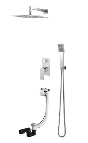 Przejdź do produktu Zestaw natryskowy, podtynkowy z kwadratową deszczownicą 20x20 cm, słuchawką prysznicową, przelewem z funkcją napełnienia i baterią podtynkową Vedo VBM3232 chrom