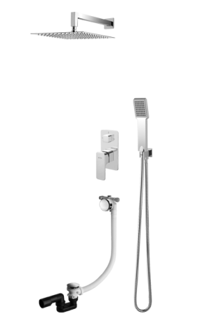 Przejdź do produktu Zestaw natryskowy, podtynkowy z kwadratową deszczownicą 20x20 cm, słuchawką prysznicową, przelewem z funkcją napełnienia i baterią podtynkową Vedo VBM3233 chrom