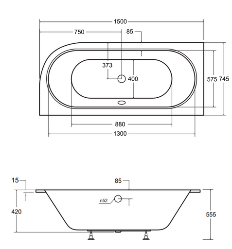 Wanna asymetryczna 150x75 cm Besco Avita Slim rys.tech.