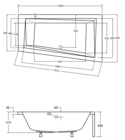 Wanna asymetryczna 150x85 cm Besco Intima rys.tech.