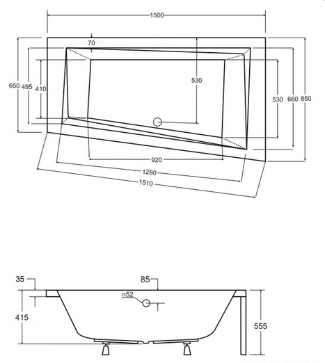 Wanna asymetryczna 150x85 cm Besco Intima rys.tech.