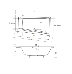 Wanna asymetryczna 150x85 cm Besco Intima Slim rys. tech.