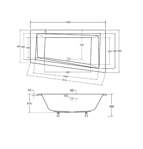 Wanna asymetryczna 150x85 cm Besco Intima Slim rys. tech.