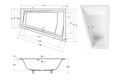 Wanna asymetryczna narożna 170x125 cm Besco Intima Duo rys. tech.