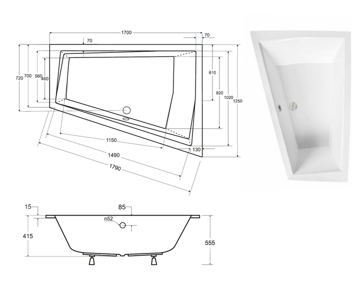 Wanna asymetryczna 170x125 cm Besco Intima Duo Slim rys.tech.