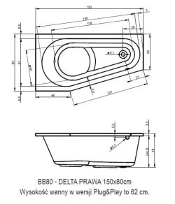 Wanna narożna 150x80 cm Riho Delta Plug&Play B066007005 prawa biały
