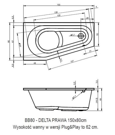Przejdź do produktu Wanna narożna 150x80 cm z obudową Riho Delta Plug&Play B066007005 prawa biały połysk