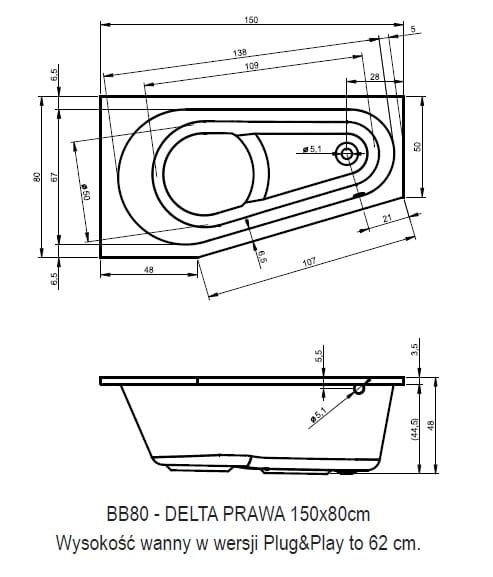Wanna narożna 150x80 cm Riho Delta Plug&Play B066007005 prawa biały