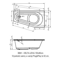 Wanna narożna 150x80 cm Riho Delta Plug&Play BD41 lewa biały
