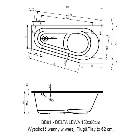 Wanna narożna 150x80 cm Riho Delta Plug&Play BD41 lewa biały