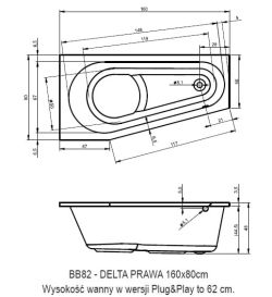 Wanna narożna 160x80 cm Riho Delta Plug&Play B068007005 prawa biały