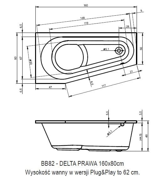 Wanna narożna 160x80 cm Riho Delta Plug&Play B068007005 prawa biały
