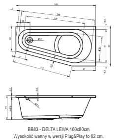 Wanna narożna 160x80 cm Riho Delta Plug&Play B069007005 lewa biały