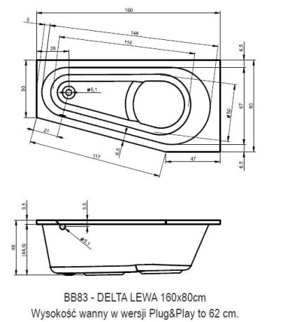 Przejdź do produktu Wanna asymetryczna narożna 160x80 cm Riho Delta Plug&Play B069007005 lewa biały połysk