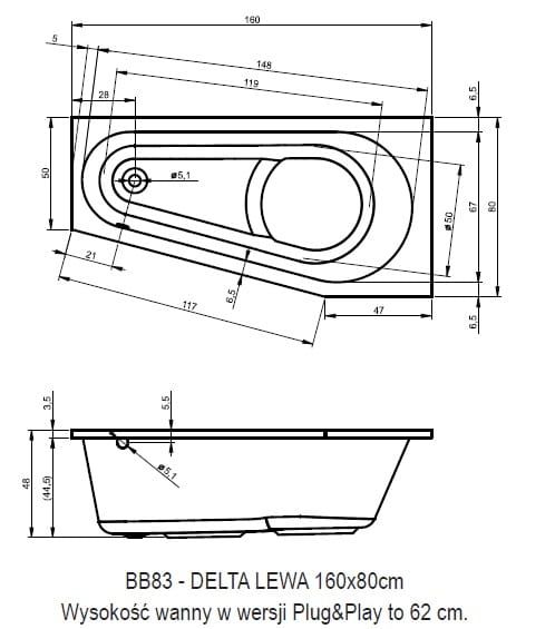Wanna narożna 160x80 cm Riho Delta Plug&Play B069007005 lewa biały