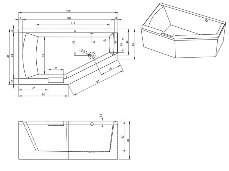 Wanna narożna 160x90 cm Riho Geta Plug&Play B029008005 prawa biały