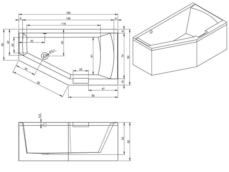 Wanna narożna 160x90 cm Riho Geta Plug&Play B030009005 lewa biały