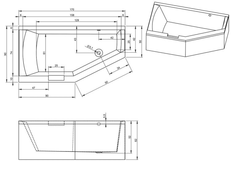 Wanna narożna 170x90 cm Riho Geta Plug&Play B031009005 prawa biały