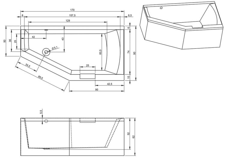 Wanna narożna 170x90 cm Riho Geta Plug&Play B032010005 lewa biały