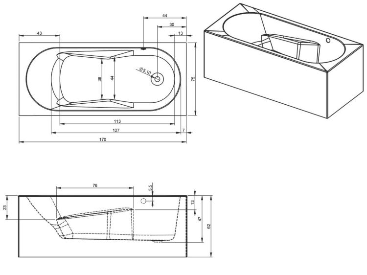 Wanna narożna prostokątna 170x75 cm Riho Lazy Plug&Play B079005005 prawa biały