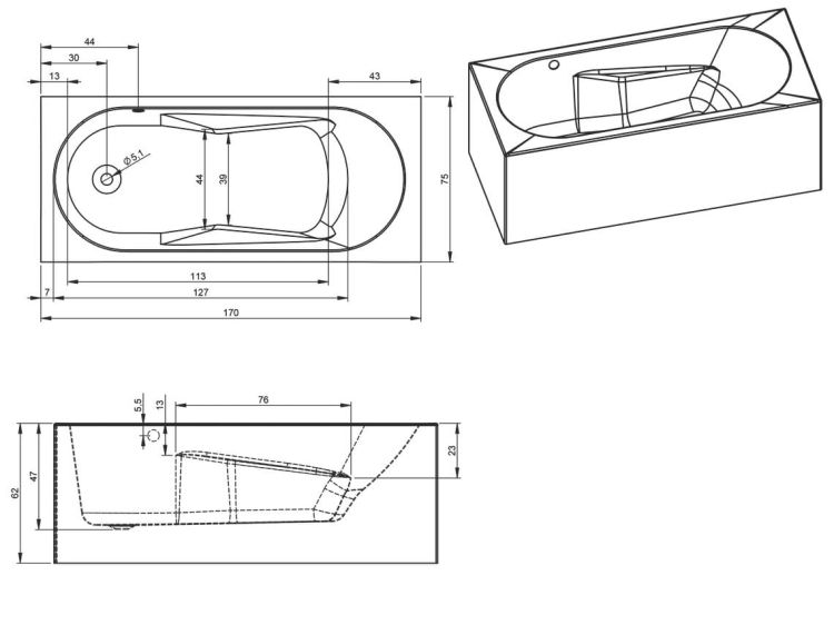 Wanna narożna prostokątna 170x75 cm Riho Lazy Plug&Play B080005005 lewa biały