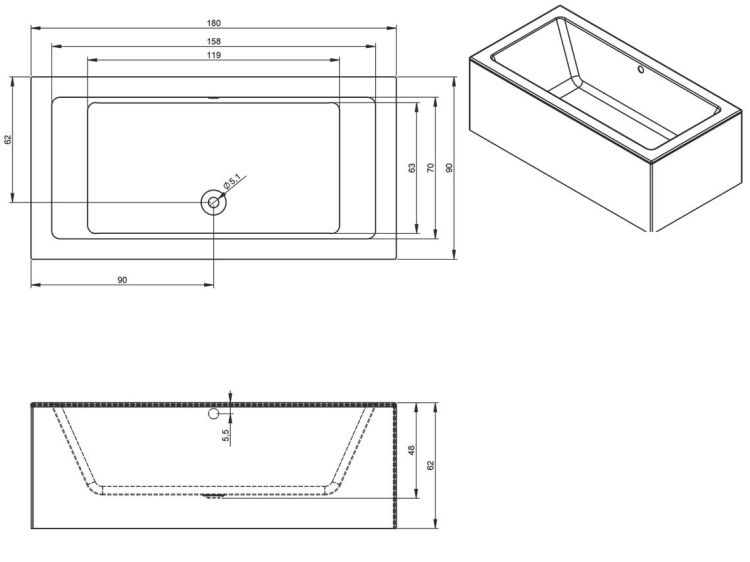 Wanna prostokątna 180x90 cm Riho Lugo Plug&Play B134014005 prawa biały