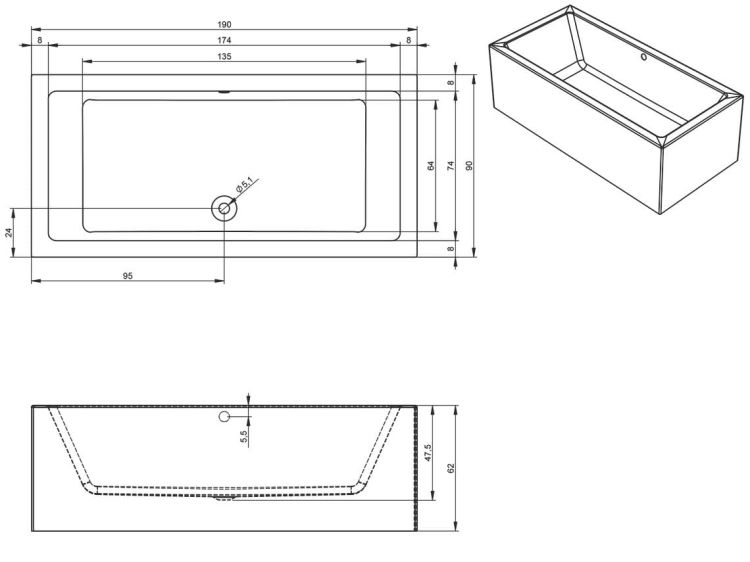 Wanna prostokątna 190x90 cm Riho Lugo Plug&Play B136014005 prawa biały