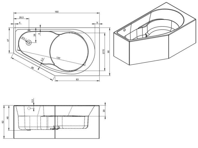 Wanna asymetryczna 160x90 cm Riho Yukon Plug&Play BD75 lewa biały
