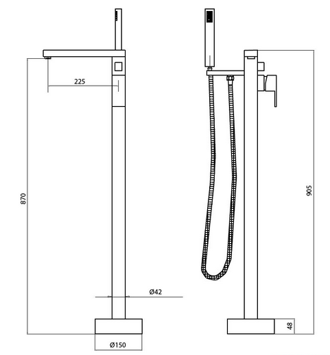 Bateria wannowa wolnostojąca Besco Varium chrom BW-V-CH z zestawem prysznicowym  rys.tech..