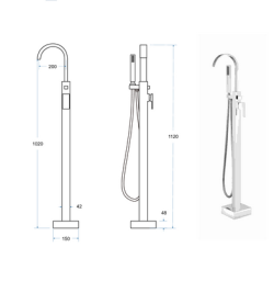 Bateria wannowa wolnostojąca Besco Modern II chrom BW-MII-CH z zestawem prysznicowym rys.tech.