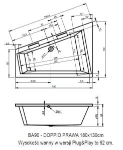 Wanna narożna 180x130 cm z systemem hydromasażem Air Riho Doppio BA90A1GH1003 prawa biały