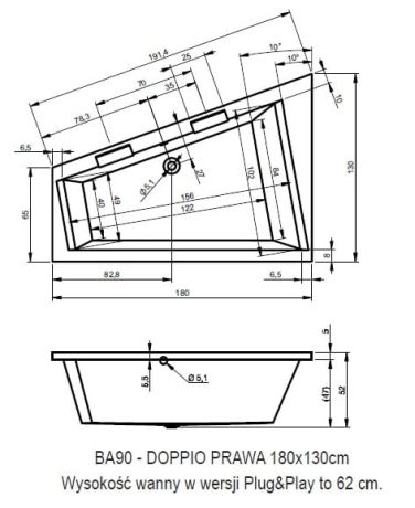 Przejdź do produktu Wanna narożna 180x130 cm z hydromasażem Riho Doppio B033003005prawa biały