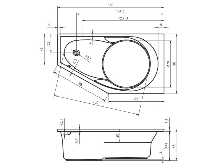 Wanna asymetryczna 160x90 cm z hydromasażem Riho Yukon BA35A1GH1003 lewa biały