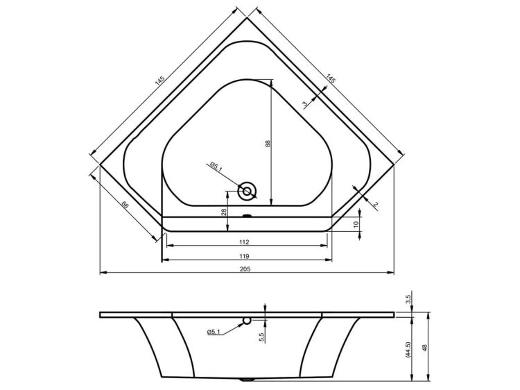 Wanna narożna 145x145 cm z hydromasażem Riho Austin BA11A1GH1003 biały