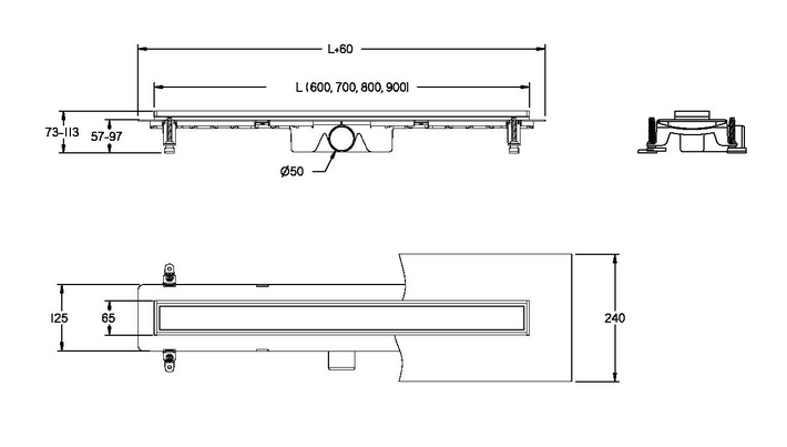Odpływ liniowy niski Besco Virgo Basic 60x6,5 cm OL-60-VB rys. tech.