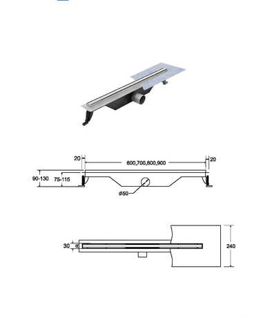 Odpływ liniowy ekstra niski Besco Virgo Slim 80x3 cm OL-60-VS rys. tech. różne wymiary