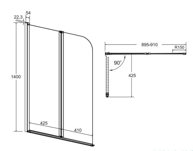 Parawan nawannowy dwuskrzydłowy Besco Prime 2 90x140 cm PNP-2S rys.tech.