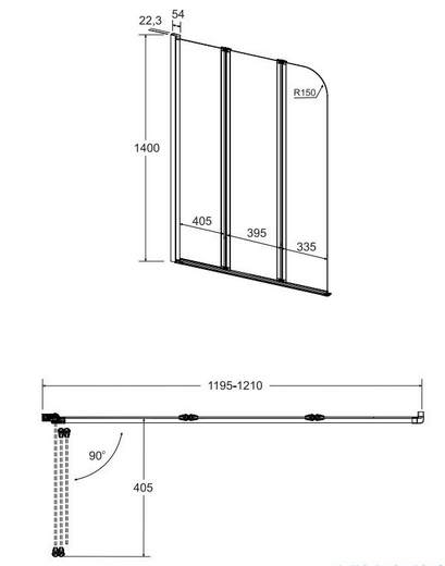 Parawan nawannowy trzyskrzydłowy Besco Prime 3 120x140 cm PNP-3S  rys. tech.